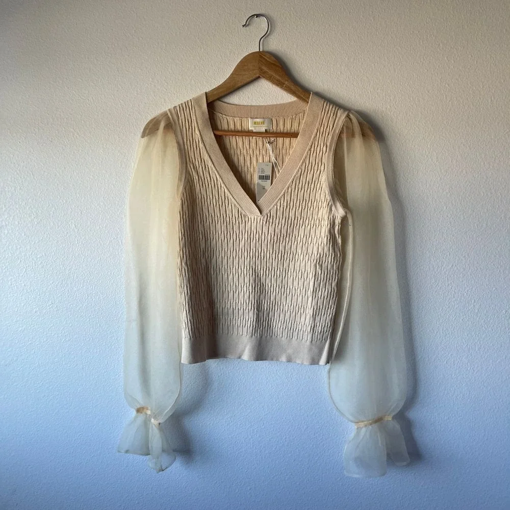 Anthropologie‎ NWT Sheer Sleeve V-Neck Sweater